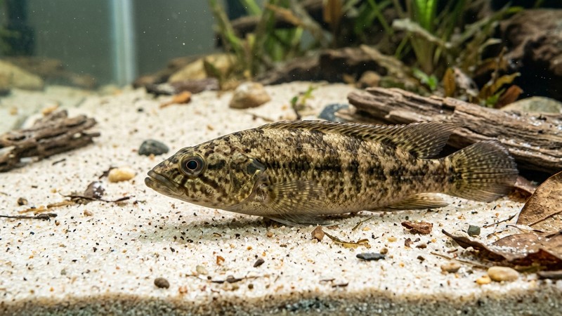 un cíclido depredador quieto y camuflado sobre un fondo de arena clara de un acuario, en actitud de acecho, con agua muy transparente