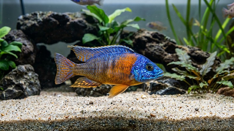 un cíclido peacock Aulonocara macho con colores espectaculares, azul metálico y naranja encendido, nadando en primer plano sobre arena fina en un acuario limpio