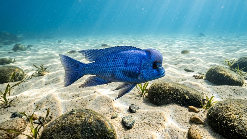 un delfín azul del Malawi de cuerpo azul entero y frente abultada nadando sobre un amplio fondo arenoso con algunas rocas y agua cristalina