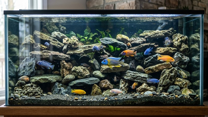 un acuario grande decorado con muchas rocas apiladas formando cuevas y refugios, con varios cíclidos de colores repartidos entre las grietas y agua cristalina