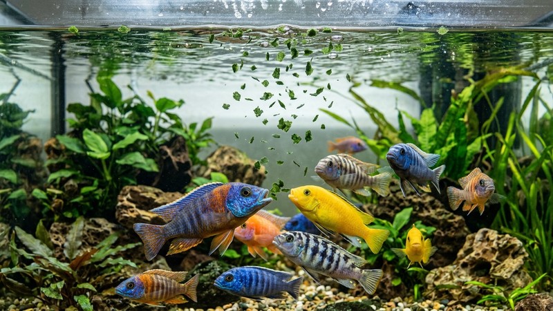 escamas de comida vegetal verde de espirulina cayendo suavemente sobre la superficie del agua de un acuario, con cíclidos de colores subiendo a comer