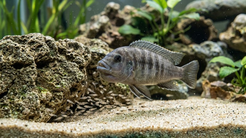 una hembra de cíclido del Malawi de color grisáceo con las mejillas ligeramente abultadas por la incubación bucal, junto a pequeños alevines cerca de una roca en un acuario limpio