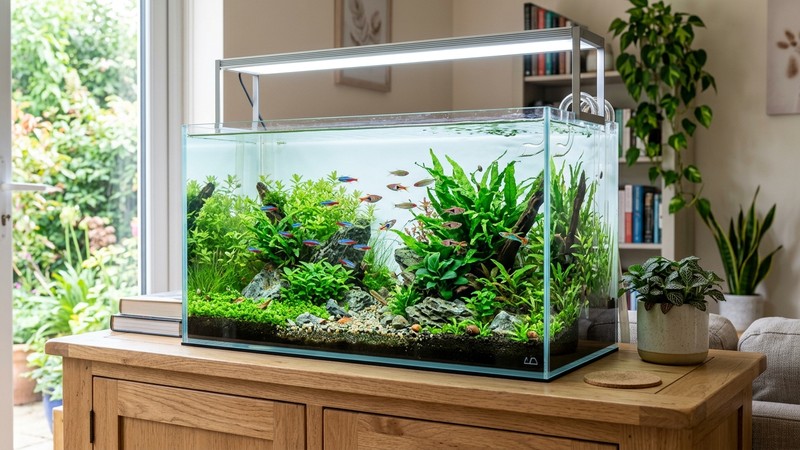 un acuario plantado recién mantenido, con el agua totalmente cristalina y transparente, plantas verdes y vivas, grava limpia y peces de colores tranquilos, colocado sobre un mueble de madera clara en una sala luminosa
