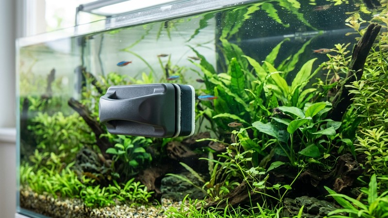 un limpiacristales magnético en reposo sobre el vidrio de un acuario limpio, la mitad del imán apoyada en el cristal transparente con el agua clara detrás y plantas verdes al fondo