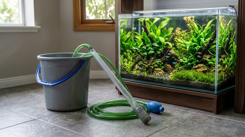 una cubeta de plástico y un sifón de grava apoyados en el suelo junto a un acuario cristalino, los objetos en reposo, agua transparente y plantas sanas dentro del acuario