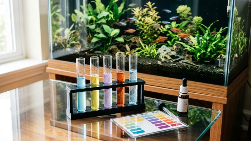 un kit de test de agua con varios tubos de ensayo de colores en reposo sobre una mesa clara junto a un acuario limpio, los tubos ordenados en su soporte, agua cristalina al fondo