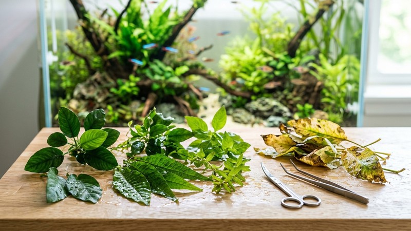 hojas de planta acuática recortadas y ordenadas sobre una superficie clara, hojas verdes y sanas junto a algunas amarillentas retiradas, con un acuario nítido desenfocado al fondo