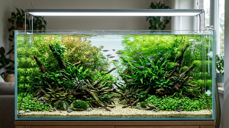 un acuario plantado impecable visto de conjunto, con densa vegetación acuática verde, agua perfectamente cristalina, grava clara y peces tranquilos, iluminación suave desde arriba