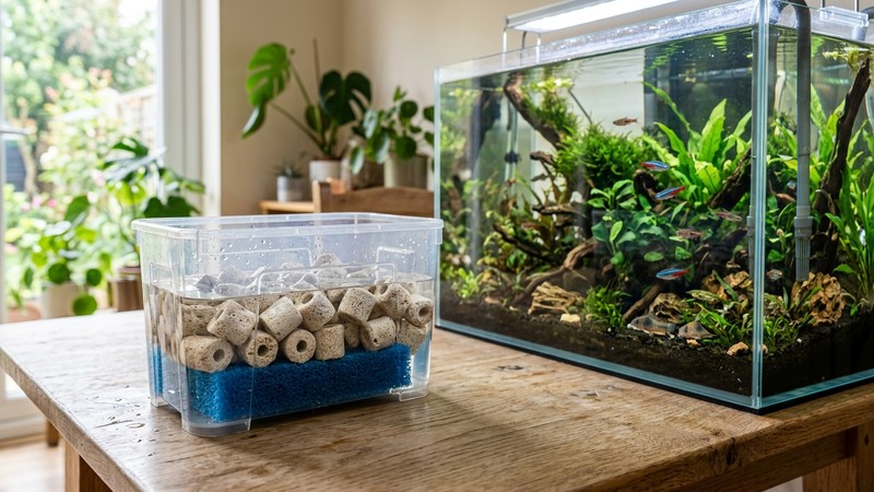 canutillos cerámicos de material filtrante biológico y una esponja de filtro en reposo dentro de un recipiente transparente con un poco de agua, sobre una mesa clara junto a un acuario cristalino