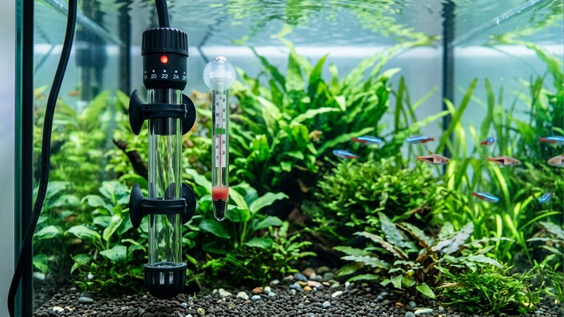 un calentador de acuario y un termómetro sumergidos en el agua cristalina de un acuario limpio, el equipo en reposo junto al cristal, con plantas verdes al fondo