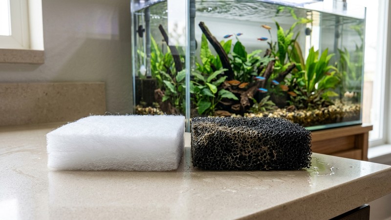 dos esponjas de filtro de acuario, una clara y limpia y otra más porosa, en reposo sobre una encimera clara junto a un acuario transparente al fondo