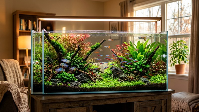 un acuario plantado de conjunto en una sala acogedora, iluminado con luz cálida, agua totalmente cristalina, vegetación exuberante y peces de colores nadando tranquilos