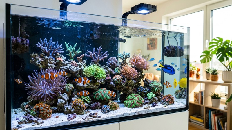 un acuario marino de arrecife completo y equipado, con roca viva, corales coloridos y varios peces payaso, agua cristalina azulada, ambiente de sala luminoso al fondo
