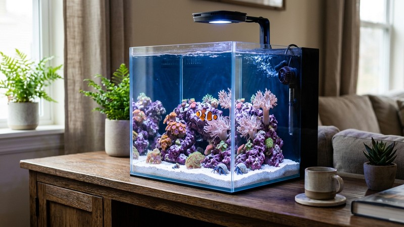 un pequeño nano acuario marino tipo cubo sobre un mueble, con roca viva, un pez payaso y corales blandos, agua cristalina azulada y filtración compacta integrada