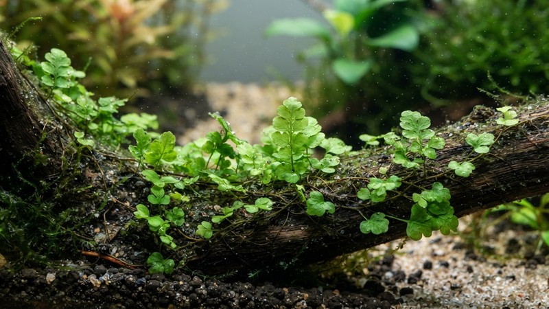 un macro subacuático de un pequeño helecho acuático rastrero de hojitas verdes redondeadas pegado al sustrato de un acuario limpio