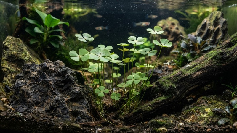 hojas altas en forma de trébol de cuatro lóbulos de una planta acuática asomando en una zona de sombra entre rocas y un tronco dentro de un acuario