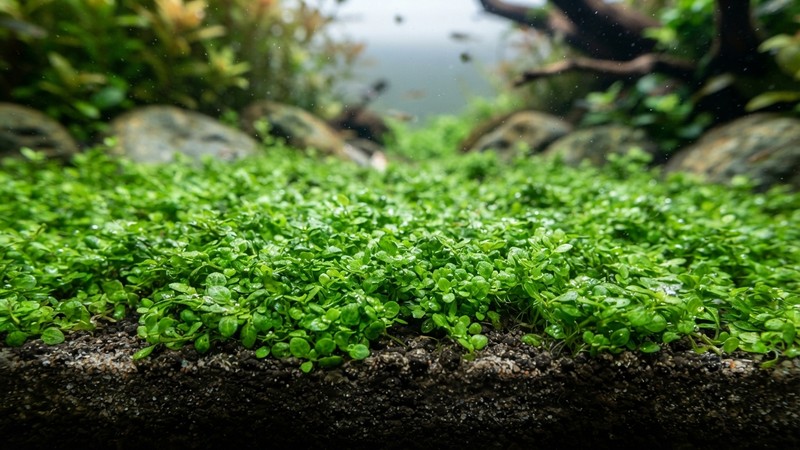 un primer plano de hojas verdes simples pequeñas y compactas aplastadas contra el suelo formando una alfombra baja en un acuario iluminado