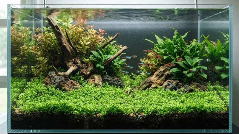 un tapiz verde bajo de tapizante extendido por el primer plano de un acuario sin equipo de CO2 visible, con agua transparente y aspecto sano