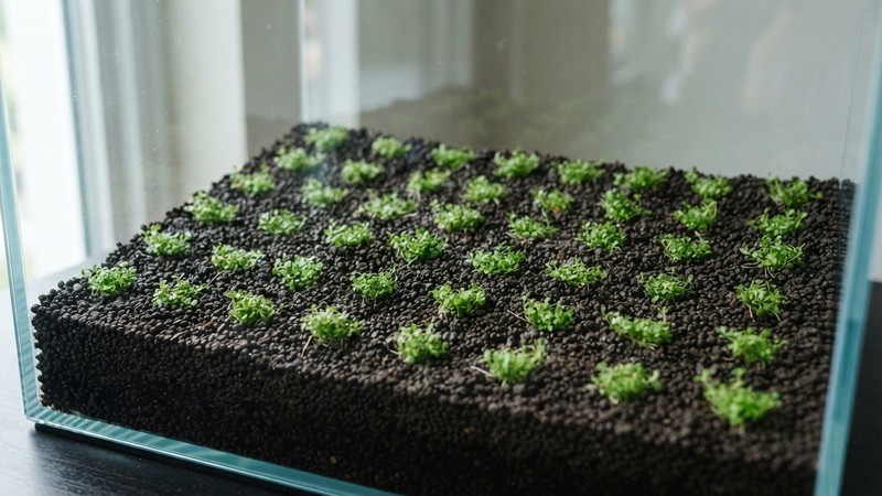 pequeñas porciones separadas de planta tapizante recién clavadas y repartidas por el sustrato oscuro de un acuario vacío, dejando ver el suelo entre matitas