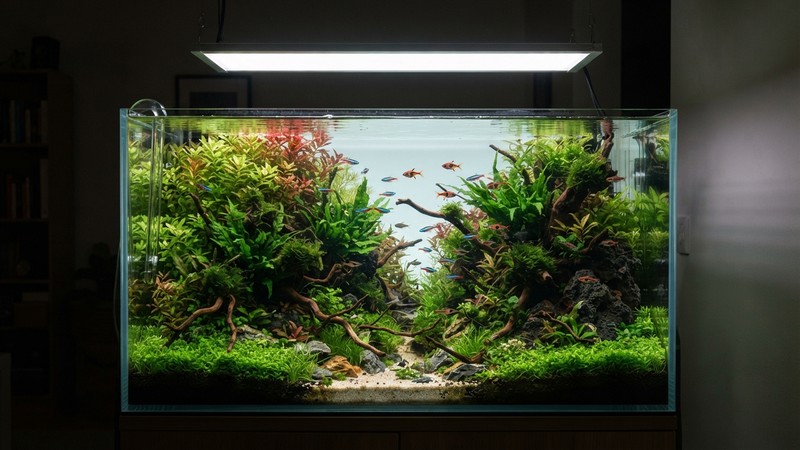 un acuario plantado bien iluminado con una pantalla led suave sobre una alfombra verde baja y densa de tapizante y agua cristalina