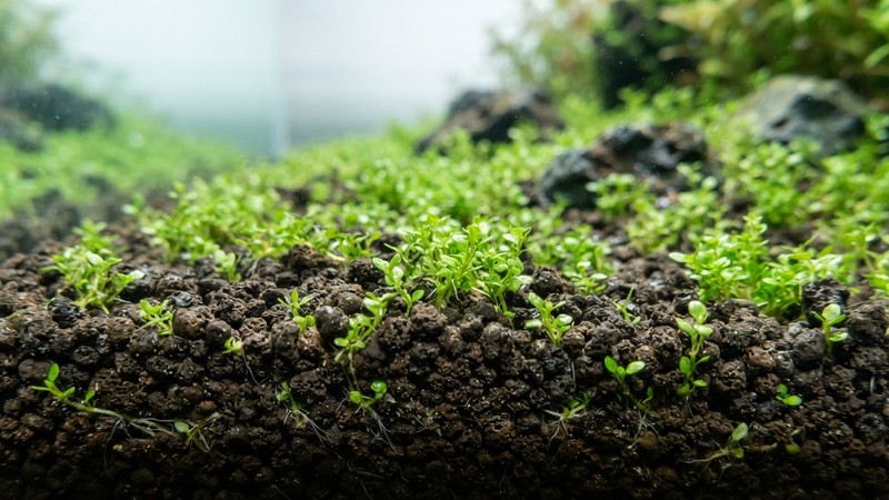 un primer plano de sustrato nutritivo poroso de grano fino en un acuario con brotes verdes de tapizante asomando y agua muy clara