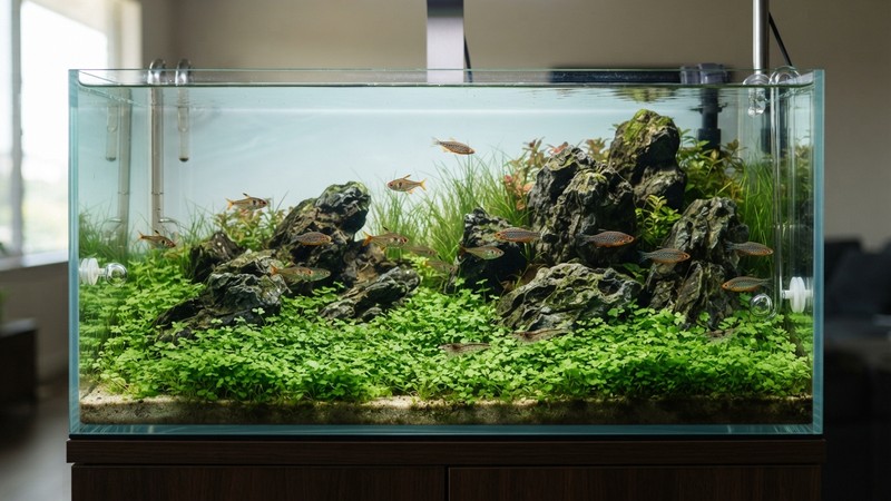 un acuario maduro con el fondo cubierto por una pradera verde tupida y baja de Marsilea, rocas al fondo y agua cristalina de aspecto sano
