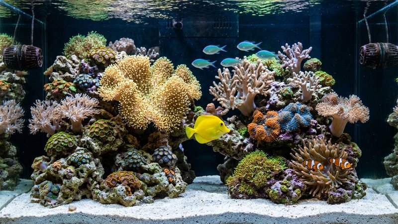 un acuario de arrecife limpio y sano con corales blandos abiertos sobre roca viva sin algas, agua transparente y bien filtrada, colores naturales y vibrantes, ambiente equilibrado