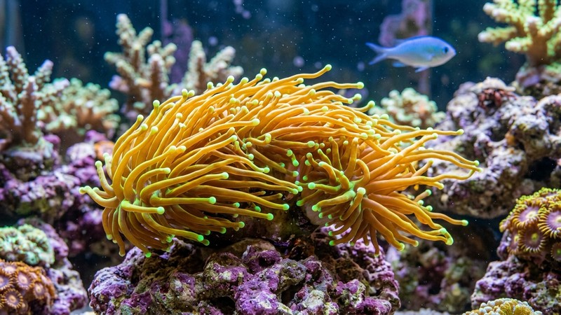 un coral euphyllia con tentáculos largos y luminosos meciéndose con la corriente, puntas brillantes tipo martillo o antorcha, colores verdes y dorados fluorescentes, en un acuario de arrecife con agua limpia