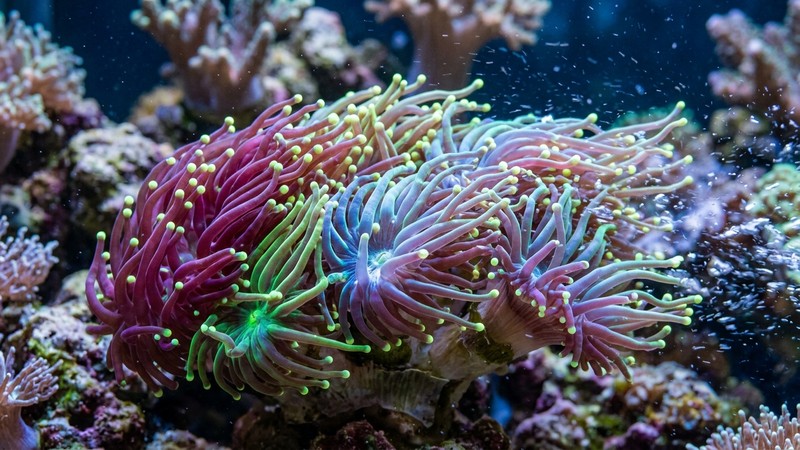 un primer plano de pólipos de coral abiertos ondeando con gracia bajo un flujo de agua suave y turbulento en un acuario de arrecife, tejido translúcido y colores vivos, agua cristalina en movimiento