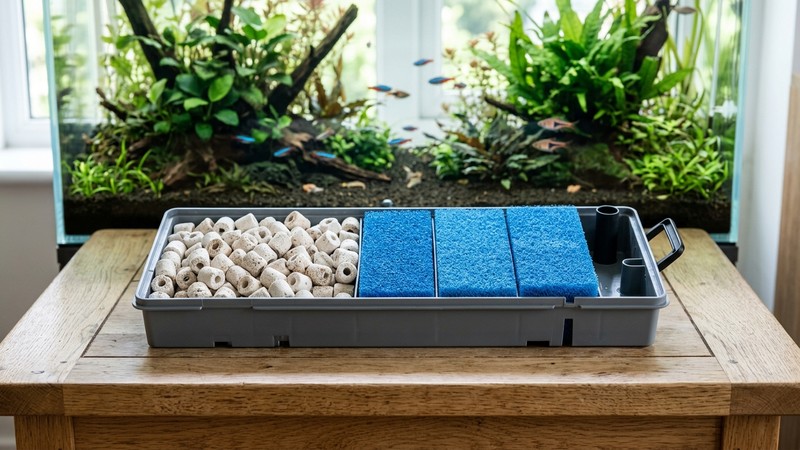 una bandeja de filtro de acuario en reposo sobre una mesa de madera clara, llena de canutillos cerámicos porosos y esponjas azules ordenadas, con un acuario plantado y cristalino desenfocado al fondo