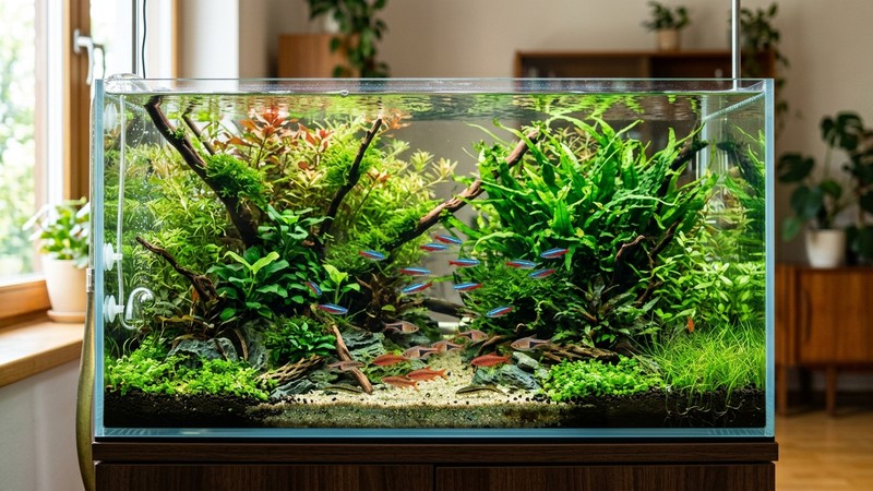 un acuario de agua dulce cristalino y sano, plantado, con peces de colores vivos nadando tranquilos y el agua perfectamente transparente iluminada por luz natural lateral