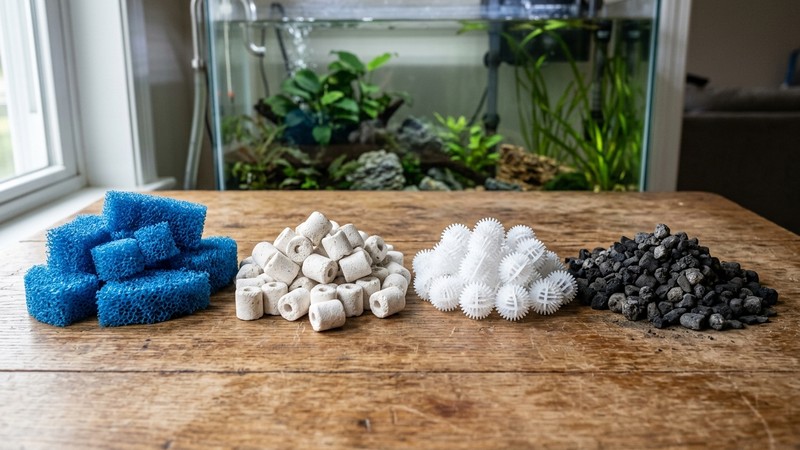 distintos materiales filtrantes ordenados por grupos sobre una mesa de madera: esponjas azules, canutillos cerámicos, bioesferas blancas y carbón activado negro en pequeños montones separados