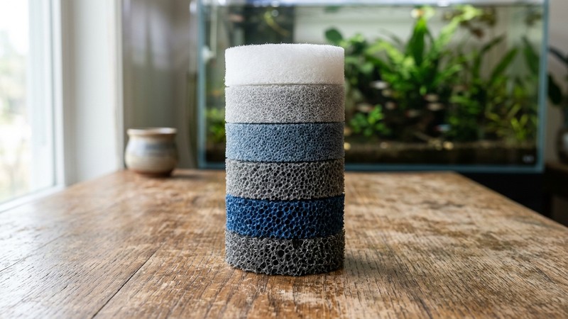 varias esponjas de filtro de acuario de distinto grado de poro, de gruesa a fina, apiladas ordenadamente en reposo sobre una mesa de madera