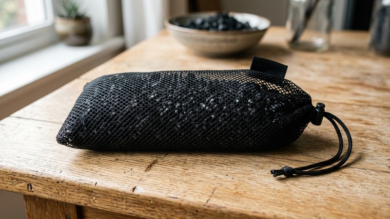 carbón activado negro granulado dentro de una bolsa de malla de filtro, en reposo sobre una mesa de madera clara