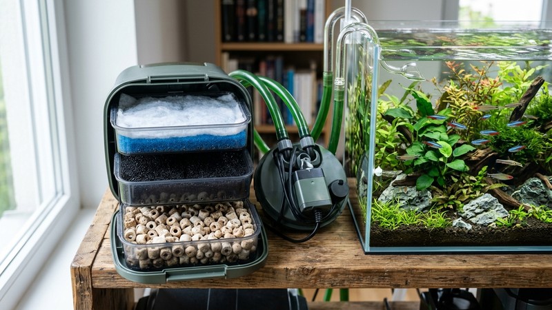 las bandejas apiladas de un filtro externo tipo canister abierto, mostrando las capas ordenadas de esponja y canutillos, colocado en reposo junto a un acuario cristalino