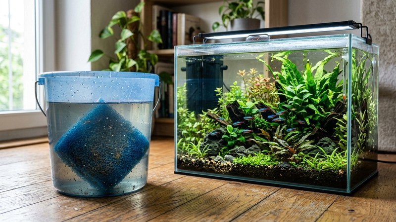 una cubeta de plástico con agua del acuario y una esponja de filtro azul sumergida dentro en reposo, apoyada en el suelo junto a un acuario plantado y cristalino