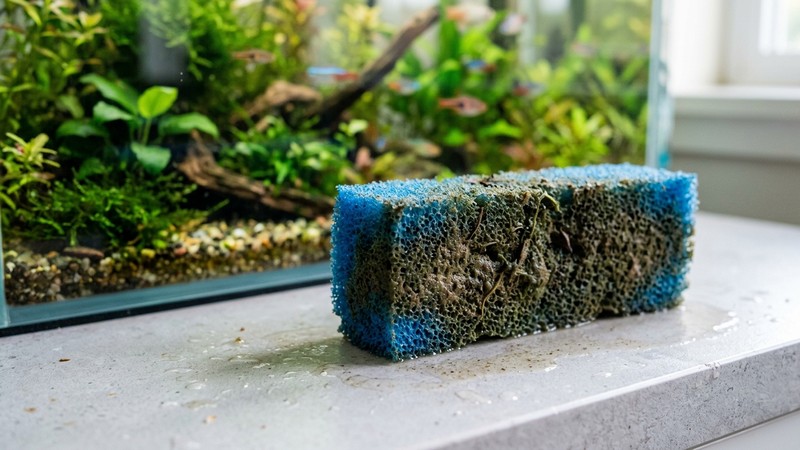 una esponja de filtro azul colonizada, ligeramente oscurecida por el uso, en reposo sobre una superficie clara con un acuario sano desenfocado al fondo