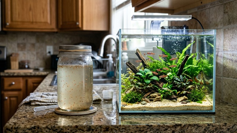 un frasco de cultivo casero de alimento vivo apoyado en una mesa de cocina junto a un pequeño acuario nano con peces diminutos y sanos, agua cristalina, sin personas