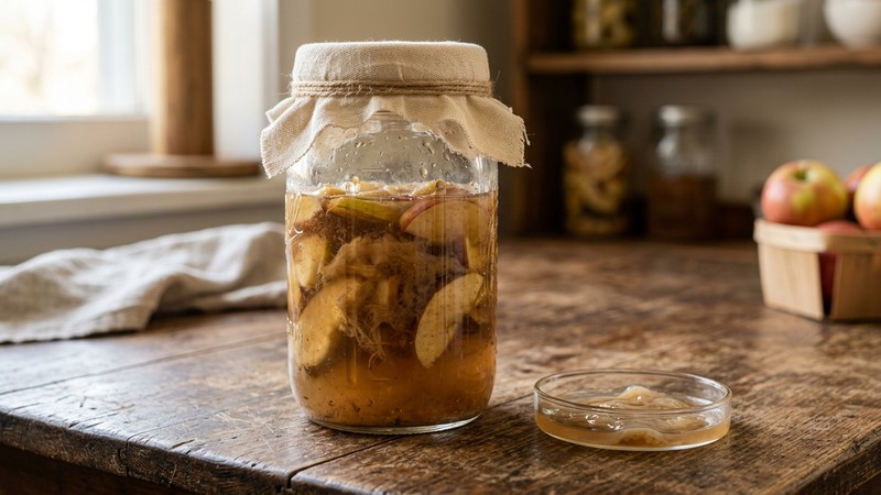 un frasco de cristal con vinagre turbio y rodajas de manzana en su interior, un cultivo casero de gusano de vinagre en reposo sobre una mesa, sin manos