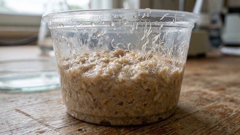 un recipiente pequeño con papilla espesa de harina de avena y diminutos gusanos translúcidos trepando por las paredes internas del envase, macro del cultivo en reposo, sin manos