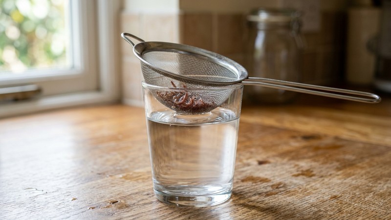 un pequeño colador fino apoyado sobre un vaso de agua cristalina con una porción de diminutos gusanos vivos enjuagados dentro, objeto en reposo sin manos