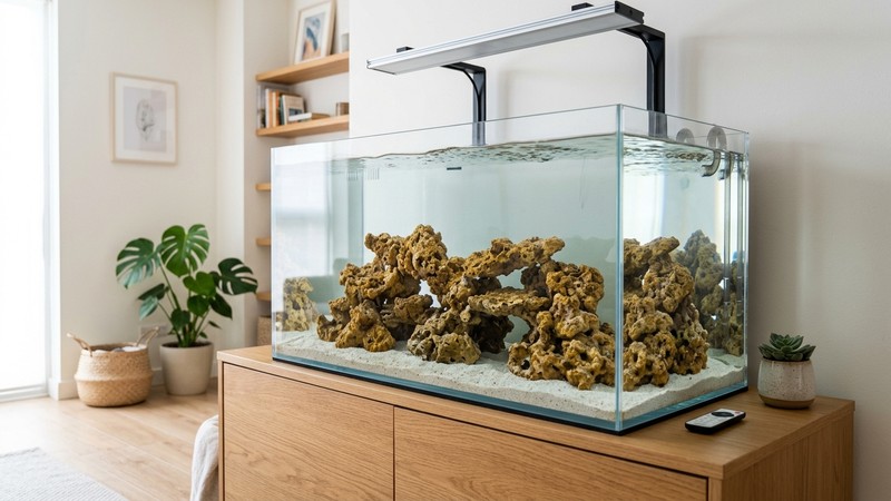 un acuario marino recién montado sobre un mueble bajo en una sala luminosa, con roca viva de tonos ocres formando una estructura en terrazas y agua cristalina, sin peces todavía, ambiente limpio y ordenado