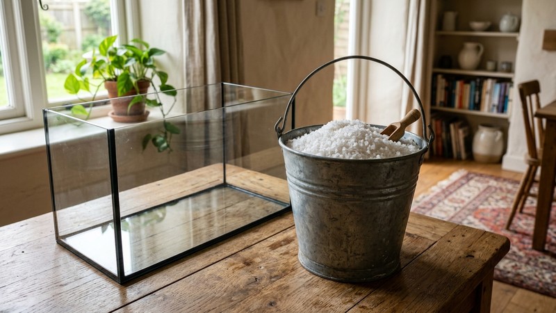 una cubeta de sal marina en grano en reposo sobre una mesa junto a un acuario de cristal vacío, sal blanca compacta dentro del cubo, ambiente de sala doméstica ordenada