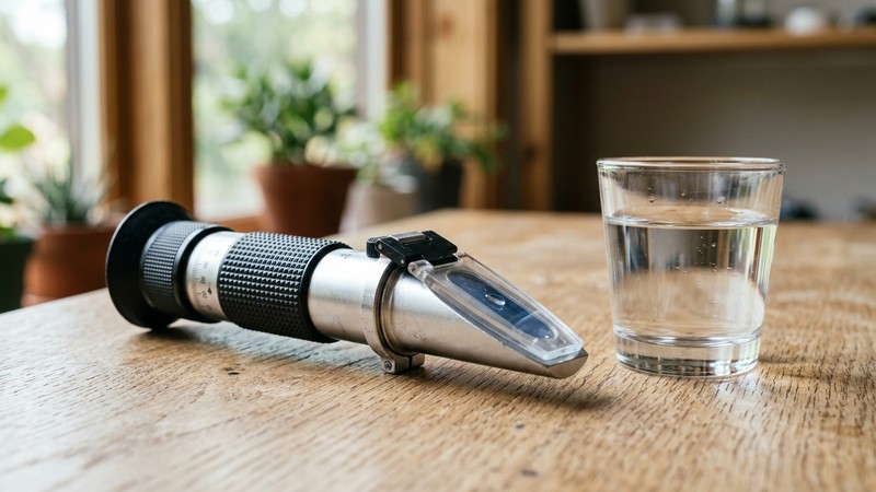 un refractómetro en reposo apoyado sobre una mesa de madera clara junto a un pequeño vaso de agua transparente, instrumento óptico metálico limpio y detallado