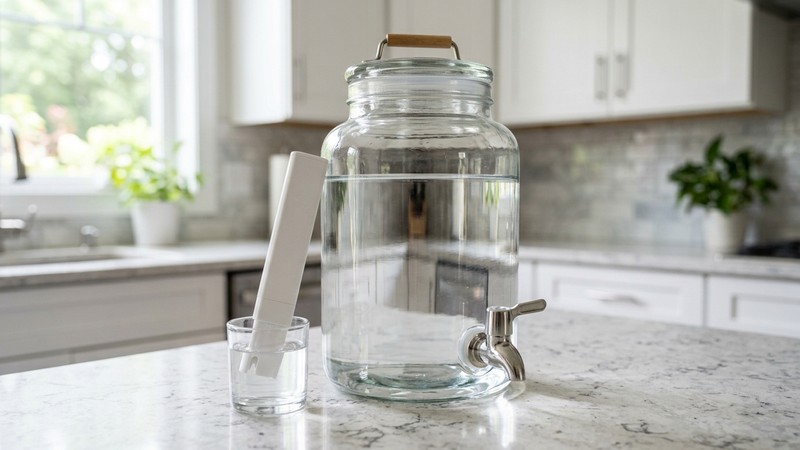 una garrafa de agua de osmosis inversa transparente en reposo sobre una encimera junto a una pluma medidora de TDS apoyada al lado, agua muy pura y limpia