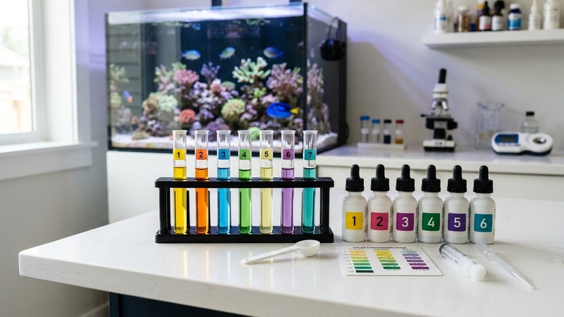un kit de test de agua marina en reposo sobre una mesa blanca, con tubos de ensayo de colores en una gradilla y frascos de reactivos alineados, ambiente limpio de laboratorio doméstico