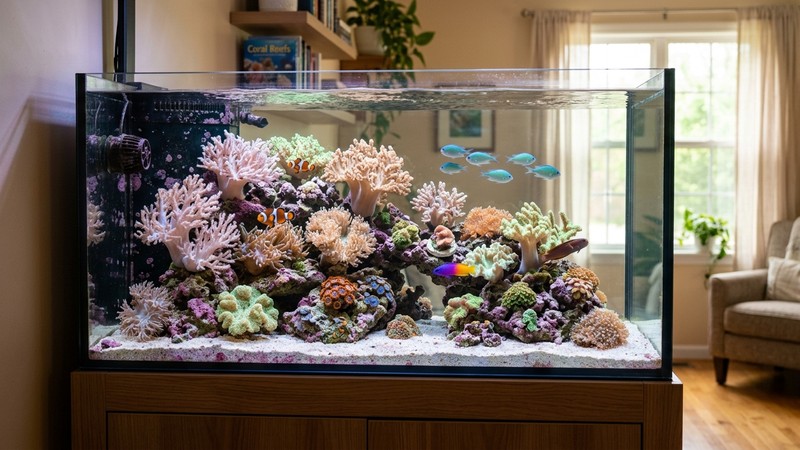 un acuario de arrecife maduro y cristalino en una sala, con corales blandos de colores suaves sobre roca viva y algunos peces pequeños nadando, agua transparente y sana