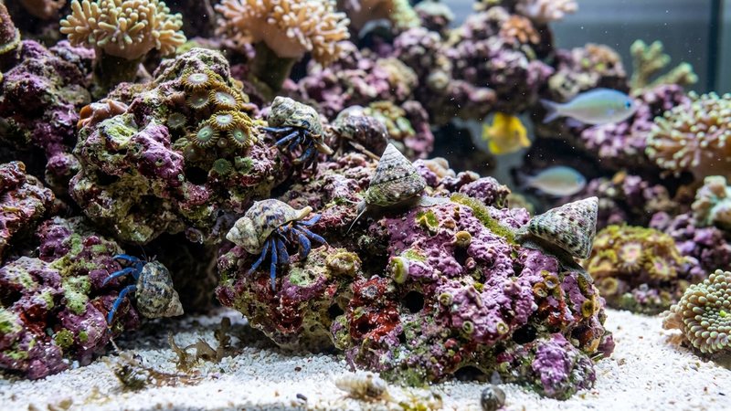 un equipo de limpieza de acuario marino sobre la roca: varios caracoles y ermitaños marinos desplazándose entre las piedras de un acuario cristalino y sano