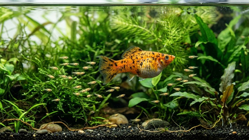 una hembra de molly de vientre abultado junto a varias crías diminutas nadando entre plantas verdes
