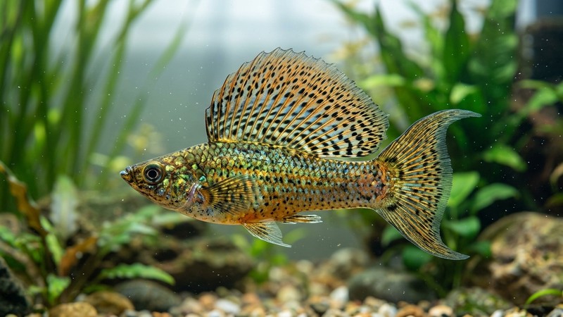 un macho de molly velífera desplegando su gran aleta dorsal en agua limpia y bien iluminada